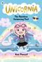 „UNICORNIA. The Rainbow Swimming Pool. Ana Punset, illustrated by Diana Vicedo.“ Ein fröhliches Mädchen vor Regenbogen.