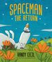 "SPACEMAN THE RETURN" und "RANDY CECIL" in der Mitte, weiße Figur reitet auf einem großen Wesen. Blumen und Hügel im Hintergrund., Buch