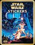 "STAR WARS STICKERS" in goldener Schrift. Illustration von Figuren mit einem Lichtschwert und Weltraumhintergrund., Buch