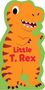 Der Text "Little T. Rex" steht auf der Brust eines lächelnden, orangefarbenen Dinosauriers mit schwarzen Krallen.