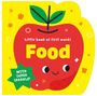 „Little book of first words: Food“. Illustration eines lächelnden Apfels mit grünen Blättern auf gelbem Hintergrund., Buch
