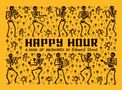 „HAPPY HOUR A BOOK OF DRAWINGS BY Edward Steed“. Skelette tanzen und spielen Instrumente auf gelbem Hintergrund.