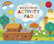 „BIBLE STORIES ACTIVITY PAD“: Illustration mit Arche Noah, Tieren, Regenbogen, Sonne, Wolken und einer Stadt im Hintergrund., Buch