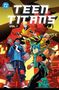 "TEEN TITANS VOL.1" in weißer Schrift. Illustration von dynamisch posierenden, farbenfrohen Figuren vor gelbem Hintergrund., Buch