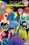 "LEGION OF SUPER-HEROES", bunte Charaktere in einer futuristischen Stadt, ein Logo oben links., Buch