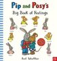 Titel: Pip and Posy's Big Book of Feelings. Gefühle: worried, proud, shy, excited, happy, sad, brave, cross. Zwei Charaktere umarmen sich., Buch