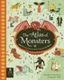 Ein Buchcover mit Text „The Atlas of Monsters: Mythical Creatures from Around the World“. Drachen- und Monsterillustrationen., Buch