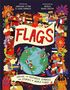 "FLAGS" steht in der Mitte, umgeben von Menschen in traditioneller Kleidung mit Flaggen und einem Globus., Buch