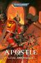 "Warhammer 40,000" oben, "Apostle" unten, "David Annandale". Ritterartige Figur in Rüstung mit Buch, Flammen und Schädel., Buch