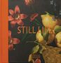 "STILL LIFE" in oranger Schrift. Blumen und Zitronen in einem Korb, gestaltet im klassischen Stillleben-Stil., Buch