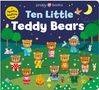 "Ten Little Teddy Bears" steht in der Mitte. Zehn Teddybären in bunten Kleidern vor einem Nachthimmel mit Mond und Sternen.