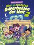 Titel: "Die uncoolsten Superhelden der Welt 2". Kinder in Kostümen im Vordergrund, leuchtende Pilze und ein Hintergrunddenkmal., Buch