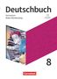„Deutschbuch Gymnasium Baden-Württemberg 8“ steht auf dem Cover. Illustration: Person liest ein Buch mit Auto darauf., Buch
