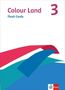 "Colour Land", "Flash Cards", "3". Farbstreifen in Rot, Weiß, Blau, Grün. Klett-Logo unten rechts., Buch