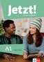 Text: „Jetzt! Deutsch als Fremdsprache A1 Intensivtrainer“. Zwei lächelnde Personen in Gespräch, eine hält ein Tablet., 1 Buch und 1 Diverse