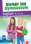"Sicher ins Gymnasium", "Englisch 4. Klasse". Mädchen posiert mit einem gezeichneten Jungen, der Daumen hoch zeigt., Buch