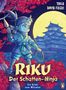 "Riku der Schatten-Ninja. Ein Krimi zum Mitraten." Ein cartoonartiger Ninja vor einer Burg und Vollmond, umgeben von roten Blättern., Buch