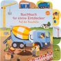 „Suchbuch für kleine Entdecker - Auf der Baustelle“, zeigt eine Baustellenszene mit Bauarbeitern, einem Betonmischer und Kran., Buch