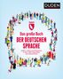 Illustration mit dem Text: "Das große Buch der deutschen Sprache" umgeben von einer Vielfalt bunter Menschenfiguren., Buch