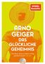 Texte: "SPIEGEL Bestseller", "ARNO GEIGER DAS GLÜCKLICHE GEHEIMNIS", Zitat von DIE ZEIT. Illustration: Person mit Hut., Buch
