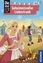 „Geheimnisvoller Liebestrank“. Illustration: Mädchen in Mittelalterkleid mit Blumen und Fläschchen. Jahrmarkt im Hintergrund., Buch