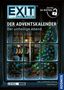Text: "EXIT Das Buch", "DER ADVENTSKALENDER", "Der unheilige Abend", "Ein Fall 24 Rätsel", "LEVEL Einsteiger". Illustration: Weihnachtliche Szene mit Kamin, Weihnachtsbaum und Geschenken durch gefrorenes Fenster betrachtet., Buch