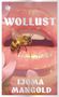 "WOLLUST. IJOMA MANGOLD." Eine Illustration einer Biene auf glänzenden rosa Lippen mit floralen Elementen., Buch