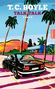 "T.C. Boyle, Talk Talk, Roman. Hanser." Eine bunte Illustration zeigt ein Auto auf einer Straße, umgeben von Palmen., Buch