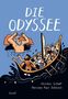 "DIE ODYSSEE" steht oben. Illustration zeigt ein Boot voller Menschen und einen riesigen nackten Mann im Wasser.