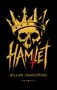 "HAMLET" und "WILLIAM SHAKESPEARE" in goldener Schrift. Schädel mit Krone, rotes Farbmuster darunter., Buch