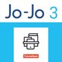 Text: "Jo-Jo 3" und "Cornelsen". In einem blauen Quadrat, ein Logo mit Buch- und Tablet-Symbolen., Buch