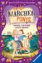 Text: "Die Märchen Ponys", "Rapunzel, lass deinen Schweif herunter!" Zwei Kinder reiten auf einem Pony am Fluss., Buch