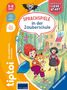 "Sprachspiele in der Zauberschule", für 5-8 Jahre, ein Junge, ein Mädchen mit Katze vor Schule, bunte Buchstaben fliegen., Buch