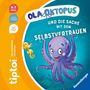"Ola Krake und die Sache mit dem Selbstvertrauen. Illustration eines fröhlichen lila Oktopus mit gelbem Seepferdchen.", Buch