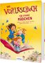 „Das Vorlesebuch für starke Mädchen“ mit bunten Illustrationen von drei fröhlichen Mädchen, fliegendem Buch., Buch
