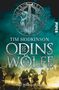 "Tim Hodkinson: Odins Wölfe - Eine Wikinger Saga." Silhouetten kämpfender Wikinger vor einem mystischen Waldhintergrund., Buch