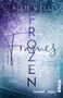 „FROZEN FRAMES“, „FUNKEN AUF DEM EIS“, „ALLIE WELL“. Eiskristalle und Tropfen vor einem blauen Hintergrund.