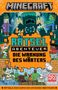 Texte: "MINECRAFT", "RÄTSEL ABENTEUER", "DIE WARNUNG DES WÄRTERS". Illustration mit Figuren und Blöcken im Videospiel-Stil., Buch