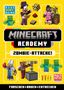 "Neue Mini-Reihe", "MINECRAFT ACADEMY", "ZOMBIE-ATTACKE!", "FORSCHEN • BAUEN • ENTDECKEN". Illustration von Minecraft-Figuren., Buch