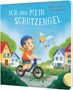 "ICH UND MEIN SCHUTZENGEL." Illustration eines Kindes auf Laufrad mit Schutzengel, umgeben von Häusern und Bäumen., Buch