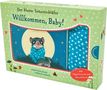 "Der kleine Siebenschläfer: Willkommen, Baby!" zeigt einen Siebenschläfer mit blauem Schal vor einem großen Mond., Buch
