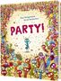 Aufschrift: "PARTY!" In einer bunten Illustration tanzen und feiern Insekten ausgelassen.