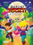 Texte: "EINFACH LESEN LERNEN", "Freddy zockt!", "Nur noch eine Runde in Future Land!"
Illustration: Fröhliche Figuren mit Spielkonsolen., Buch
