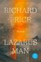 Text: "Richard Price, Lazarus Man, Roman." Ein Gebäude in Grautönen, überlagert von einer orangefarbenen Flamme.
