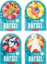 „Sommer Rätsel“ ab 6 oder 8 Jahre. Illustrationen von Tieren auf bunten Schwimmreifen im Wasser.