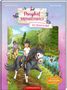 „Ein Hund in Not“, „Ponyhof Brombeerwald“. Zwei Ponys mit Kindern reiten auf einem Pfad nahe einem Bach., Buch