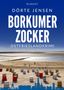 Text: "Dörte Jensen Borkumer Zocker Ostfrieslandkrimi". Strandkörbe am Strand, Personen spazieren. Unten eine blaue Skyline., Buch