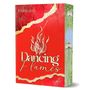 Text: "Klara Juli, Dancing Flames". Illustration: Flammen auf rotem Hintergrund, seitlich Landschaft mit See und Gebäude., Buch