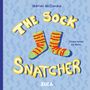 Text: "THE SOCK SNATCHER." Illustration zeigt bunte Socken, ein fröhliches Design auf blauem Hintergrund., Buch