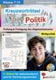 Text: "Kreuzworträtsel Politik", "Prüfung & Festigung des Allgemeinwissens", "Weltpolitik". Junge lächelt, Kreuzworträtsel sichtbar., Buch